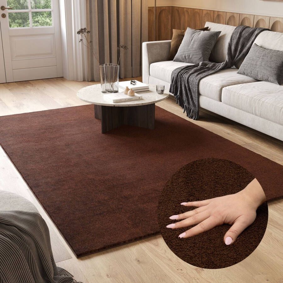 Tapiso Cuddle Vloerkleed Hoogpolig Bruin Antislip Woonkamer Tapijt Maat- 200x290