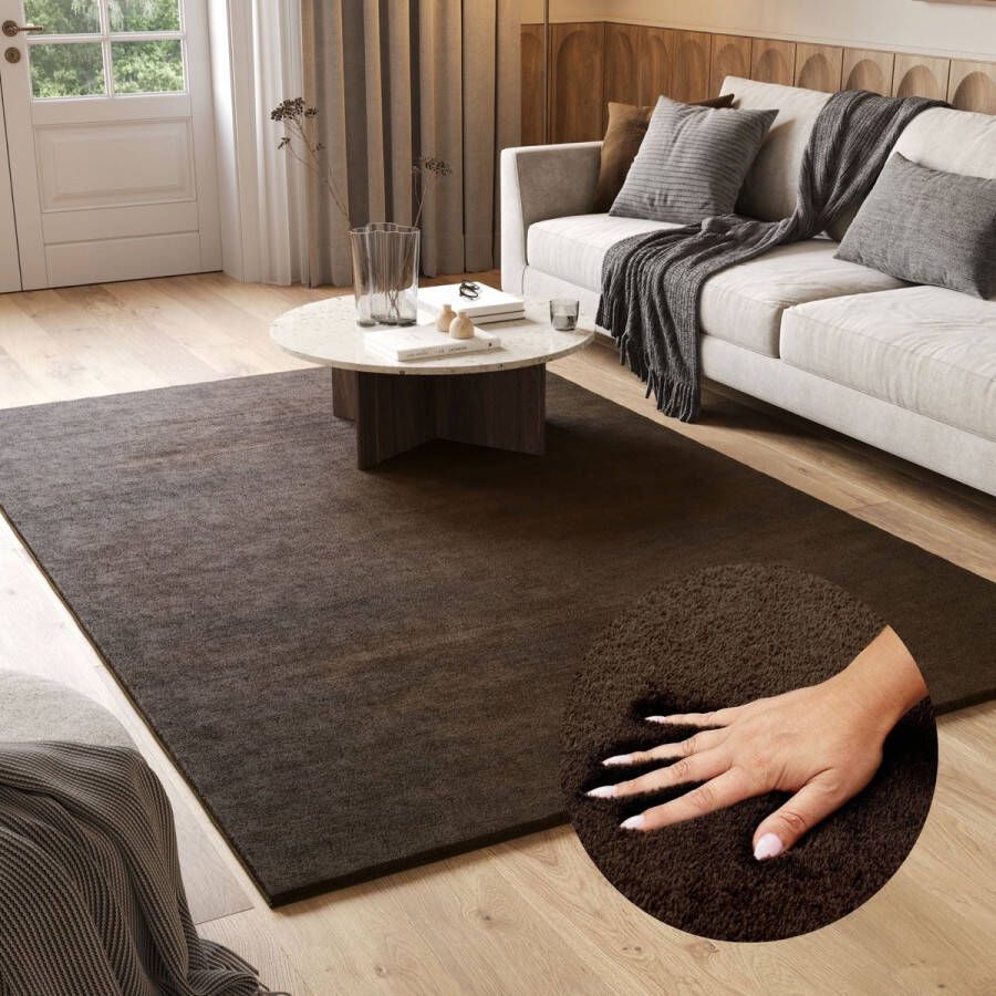 Tapiso Cuddle Vloerkleed Hoogpolig Bruin Antislip Woonkamer Tapijt Maat- 80x150