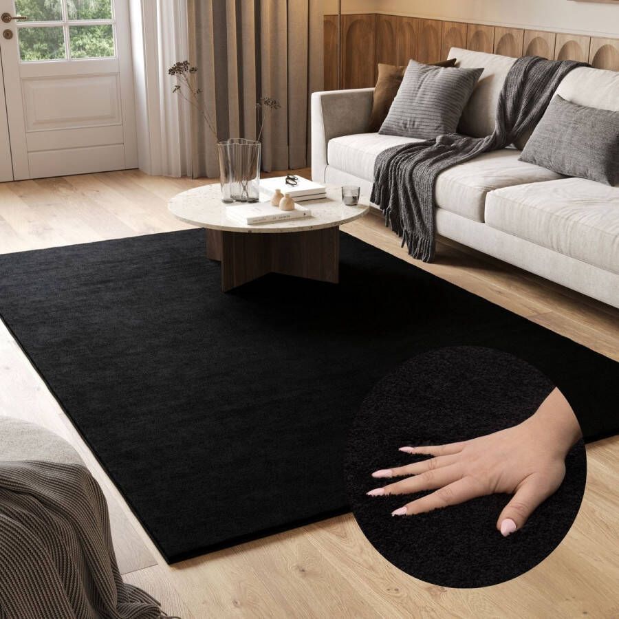 Tapiso Cuddle Vloerkleed Hoogpolig Zwart Antislip Woonkamer Tapijt Maat- 140x200