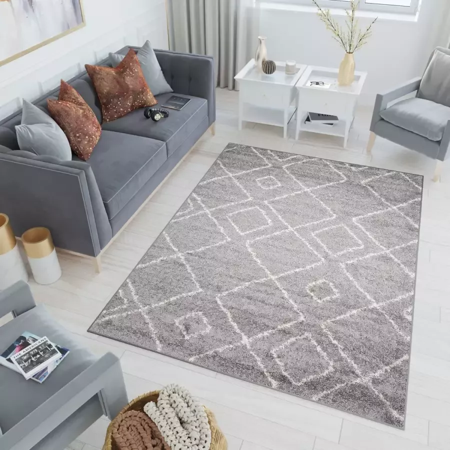 Tapiso Delhi Grijs Vloerkleed Modern Woonkamer Hoogpolig Tapijt Maat- 300x400