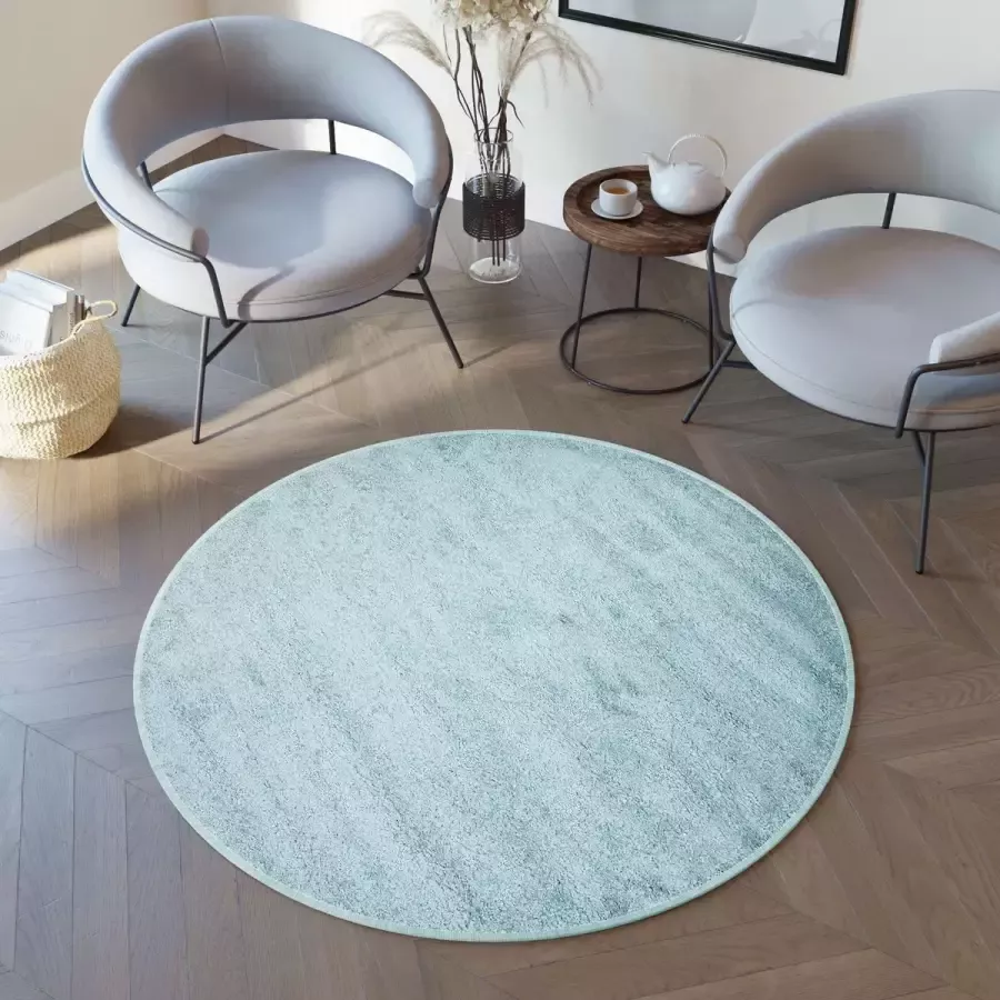 Tapiso Delhi Rond Vloerkleed Hoogpolig Blauw Licht Tapijt Maat- 100x100