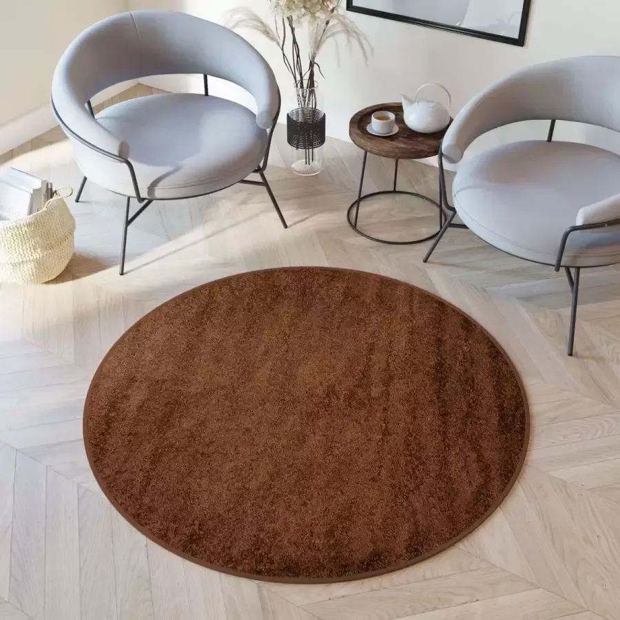 Tapiso Delhi Rond Vloerkleed Hoogpolig Bruin Tapijt Maat- 200x200