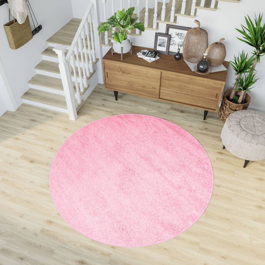 Tapiso Delhi Rond Vloerkleed Hoogpolig Roze Tapijt Maat- 100x100