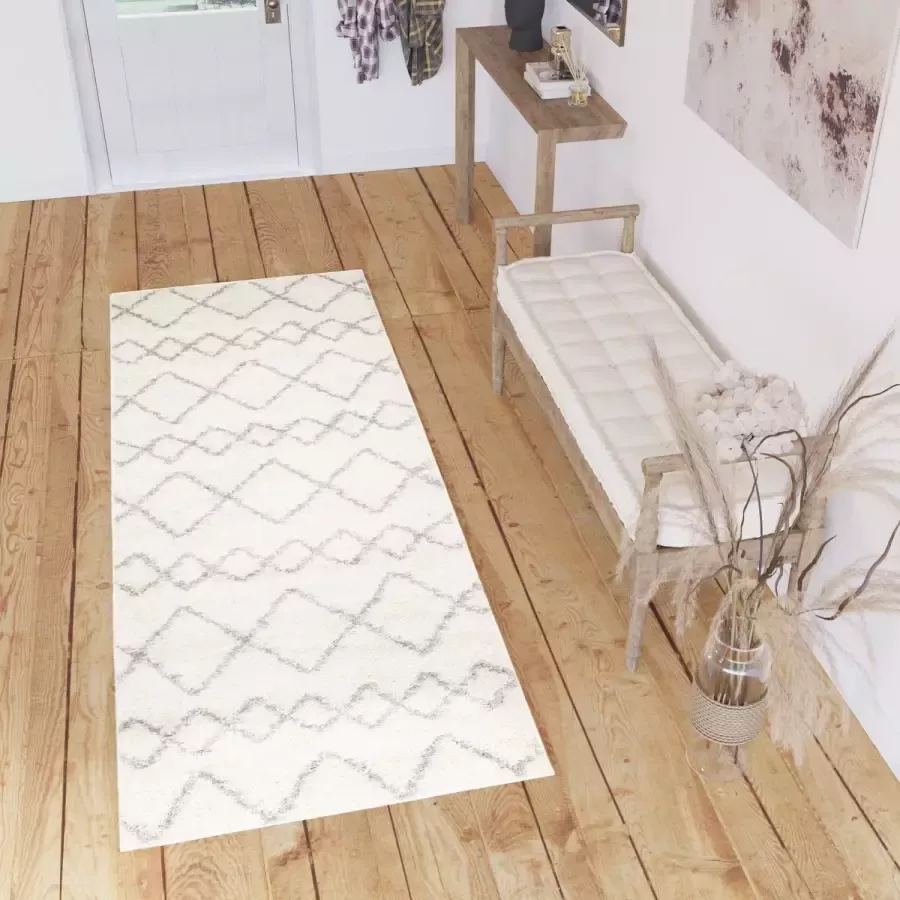 Tapiso Delhi Vloerkleed Beige Tapijtloper Hoogpolig Tapijt Maat- 60x200