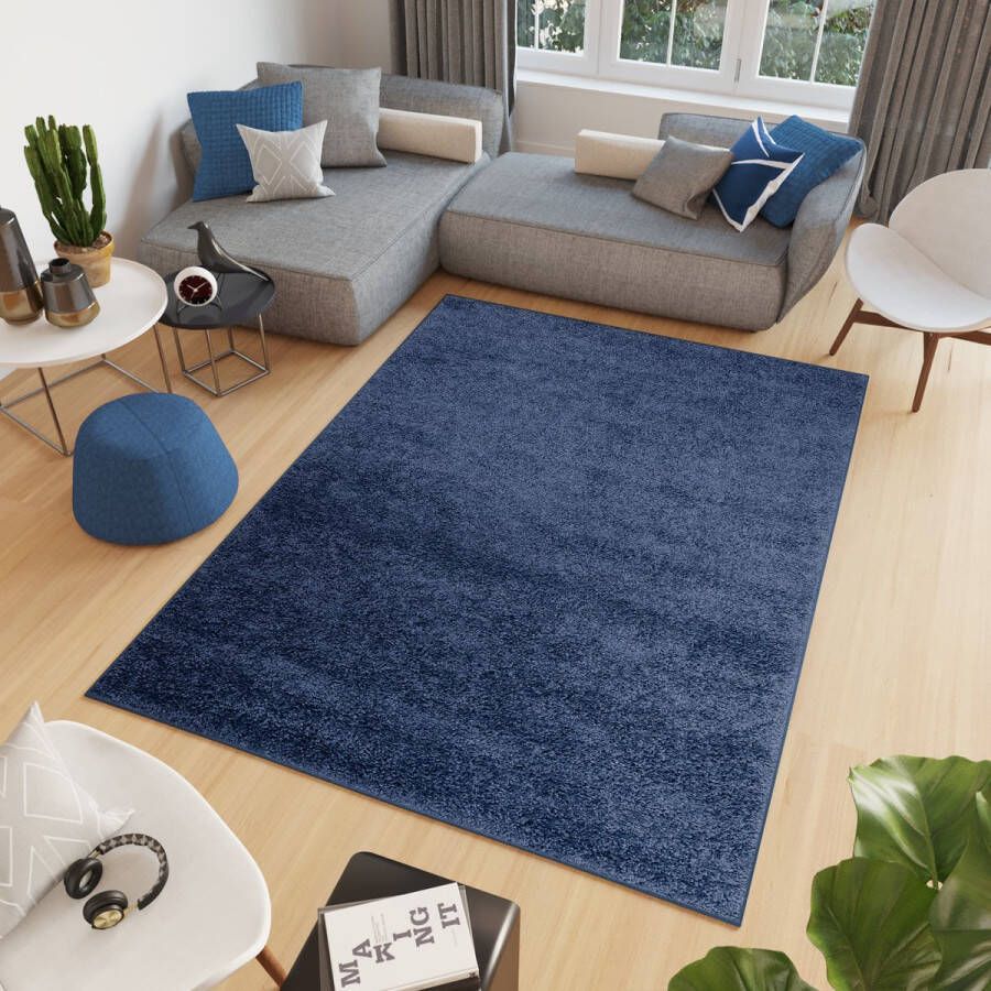 Tapiso Delhi Vloerkleed Blauw Donker Hoogpolig Monochroom Tapijt Maat- 120x170