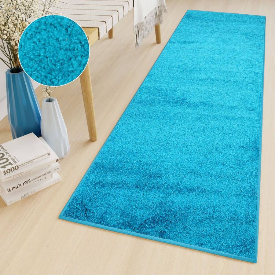 Tapiso Delhi Vloerkleed Blauw Hoogpolig Loper Maat- 80x300