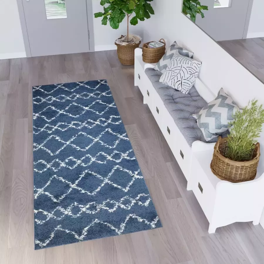 Tapiso Delhi Vloerkleed Blauw Tapijtloper Hoogpolig Tapijt Maat- 80x300