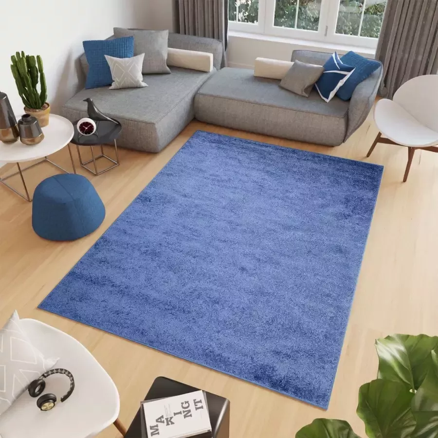 Tapiso Delhi Vloerkleed Blauw Donker Hoogpolig Monochroom Tapijt Maat- 200x290