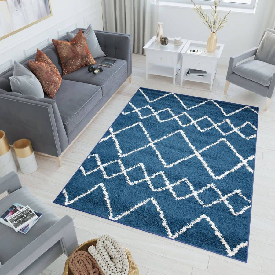 Tapiso Delhi Vloerkleed Hoogpolig Shaggy Blauw Kleed Tapijt Maat- 80x150