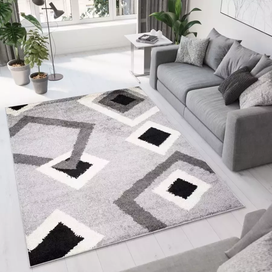 Tapiso Delhi Vloerkleed Hoogpolig Shaggy Geometrisch Tapijt Maat- 120x170