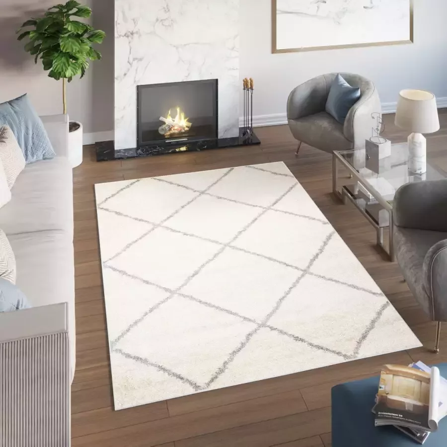 Tapiso Delhi Vloerkleed Hoogpolig Shaggy Geruit Beige Tapijt Maat- 240x330