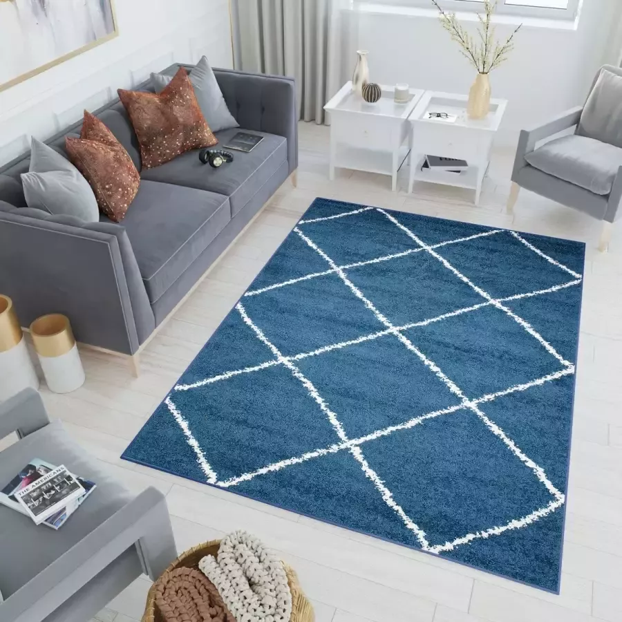 Tapiso Delhi Vloerkleed Hoogpolig Shaggy Geruit Blauw Tapijt Maat- 80x150