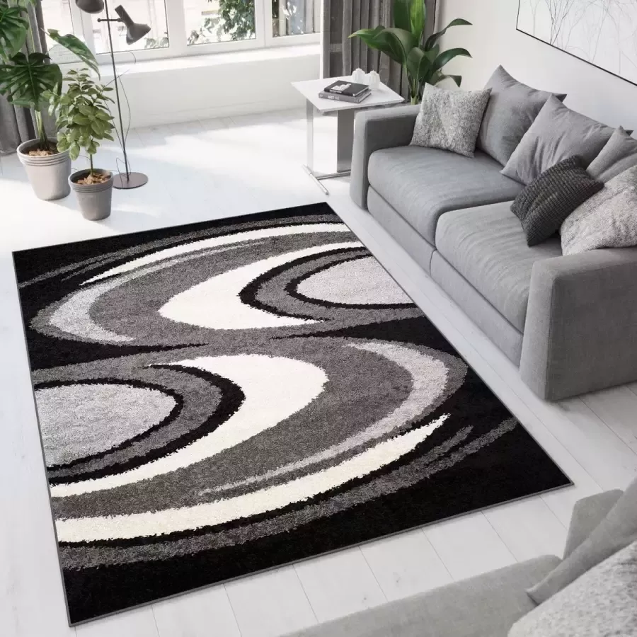 Tapiso Delhi Vloerkleed Hoogpolig Zacht Grijs Golven Tapijt Maat- 140x200