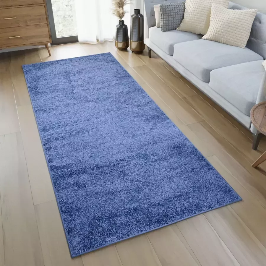 Tapiso Delhi Vloerkleed Loper Blauw Effen Tapijt Maat- 80x200