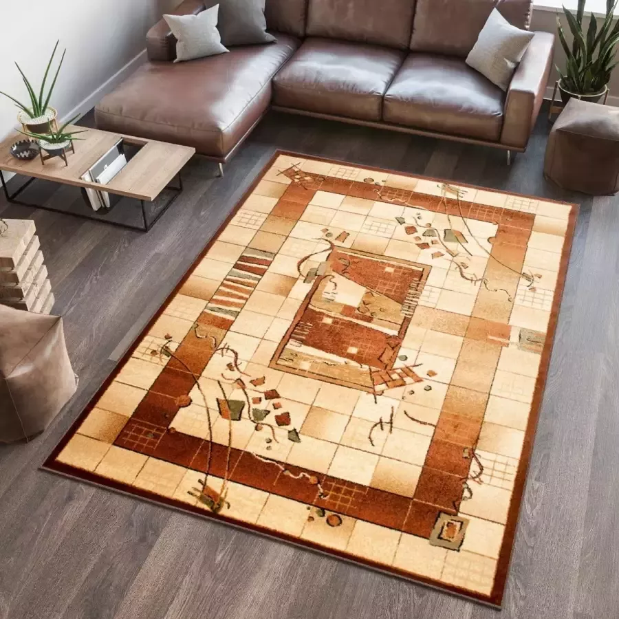 Tapiso Dorian Vloerkleed Woonkamer Slaapkamer Creme Beige Lichtbeige Modern Frame Tegel Motief Design Sfeervol Duurzaam Hoogwaardig Tapijt Maat 110x195