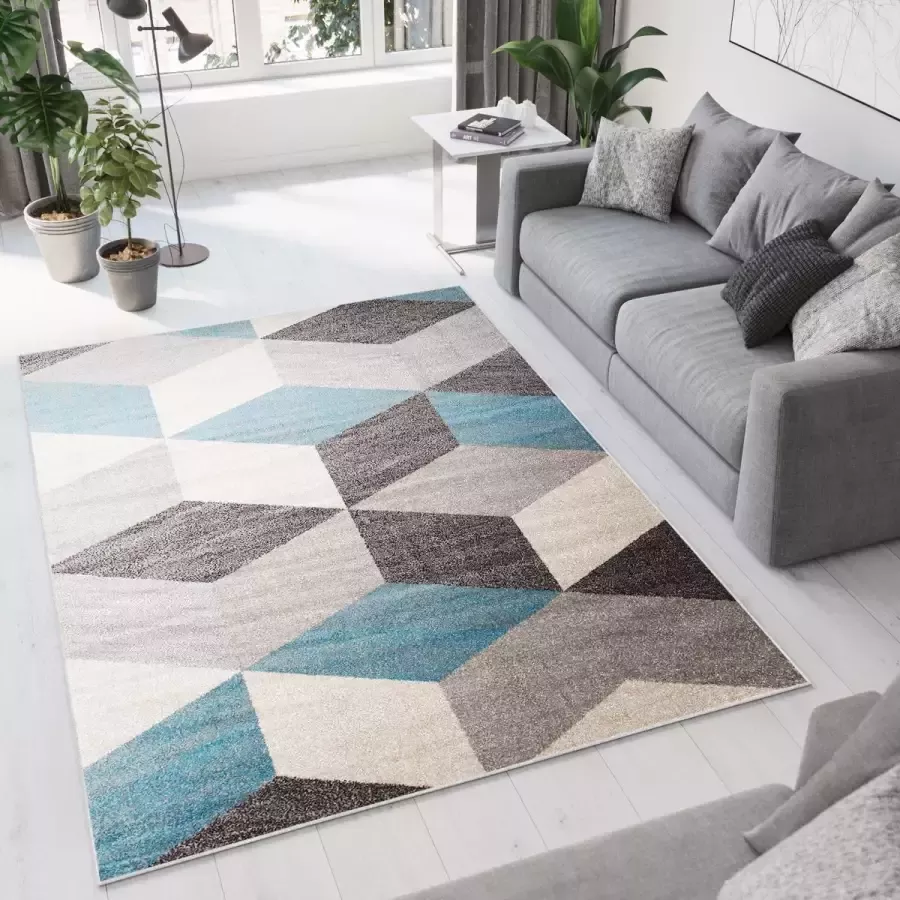 Tapiso Elefanta Vloerkleed Blauw Grijs Geometrisch Woonkamer Slaapkamer Tapijt Maat- 180x260