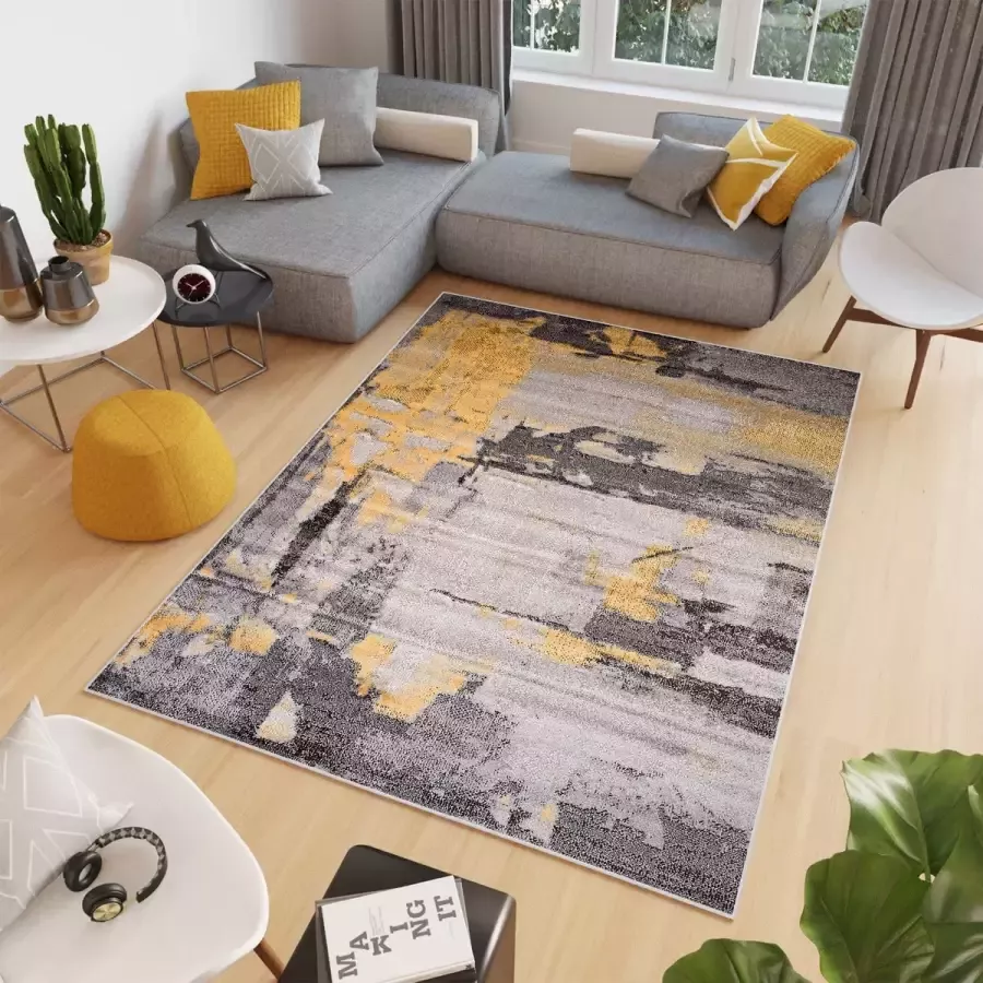 Tapiso Elefanta Vloerkleed Grijs Geel Abstract Modern Woonkamer Tapijt Maat- 300x400