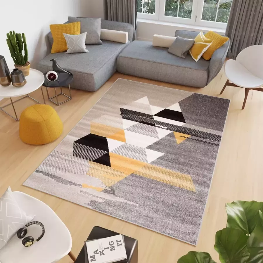 Tapiso Elefanta Vloerkleed Grijs Geel Zwart Abstract Modern Woonkamer Tapijt Maat- 300x400