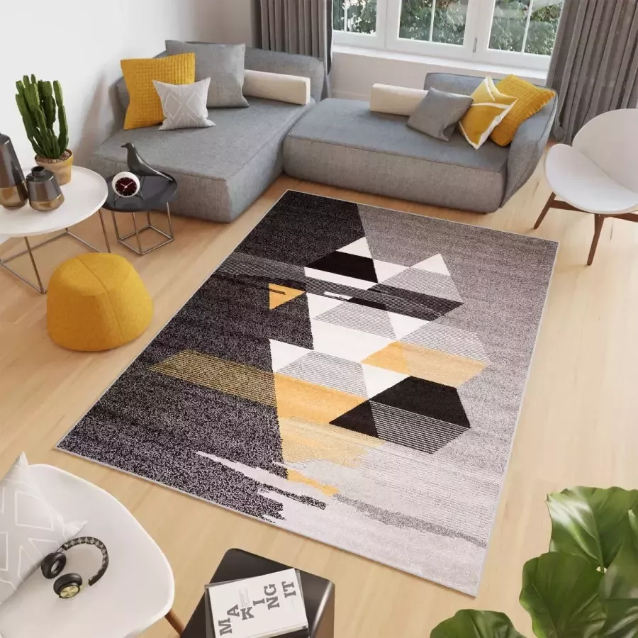 Tapiso Elefanta Vloerkleed Grijs Zwart Geel Abstract Modern Woonkamer Tapijt Maat- 300x400