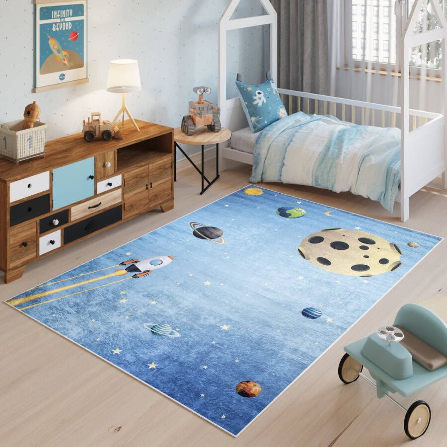 Tapiso Emma Vloerkleed Jeugdtapijt Blauw Heelal Kinderkamer Speelmat- 120x170