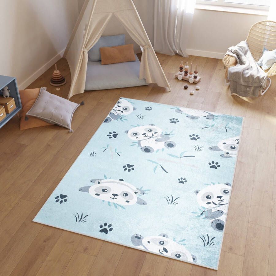 Tapiso Emma Vloerkleed Kinderkamer Blauw Panda Baby Kinderen Speelmat- 120x170