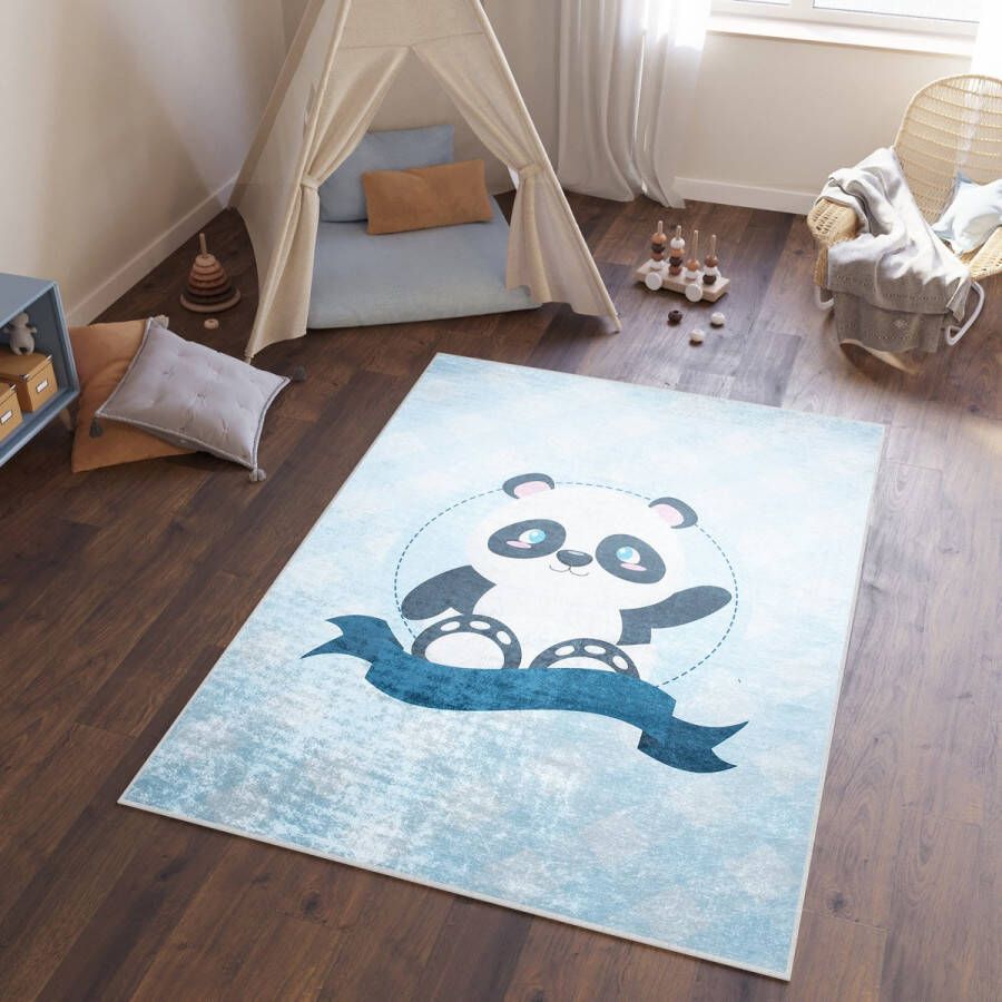 Tapiso Emma Vloerkleed Kinderkamer Blauw Panda Babykamer Speelmat- 140x200 - Foto 1