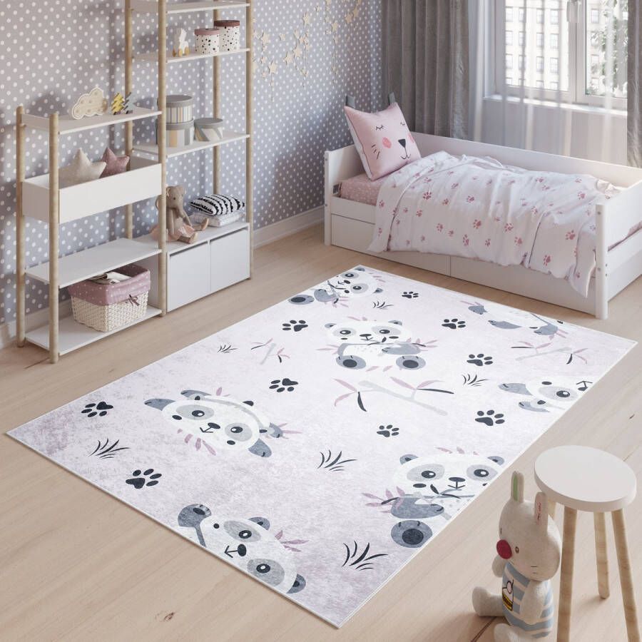 Tapiso Emma Vloerkleed Kinderkamer Grijs Blauw Panda Baby Kinderen Speelmat- 120x170