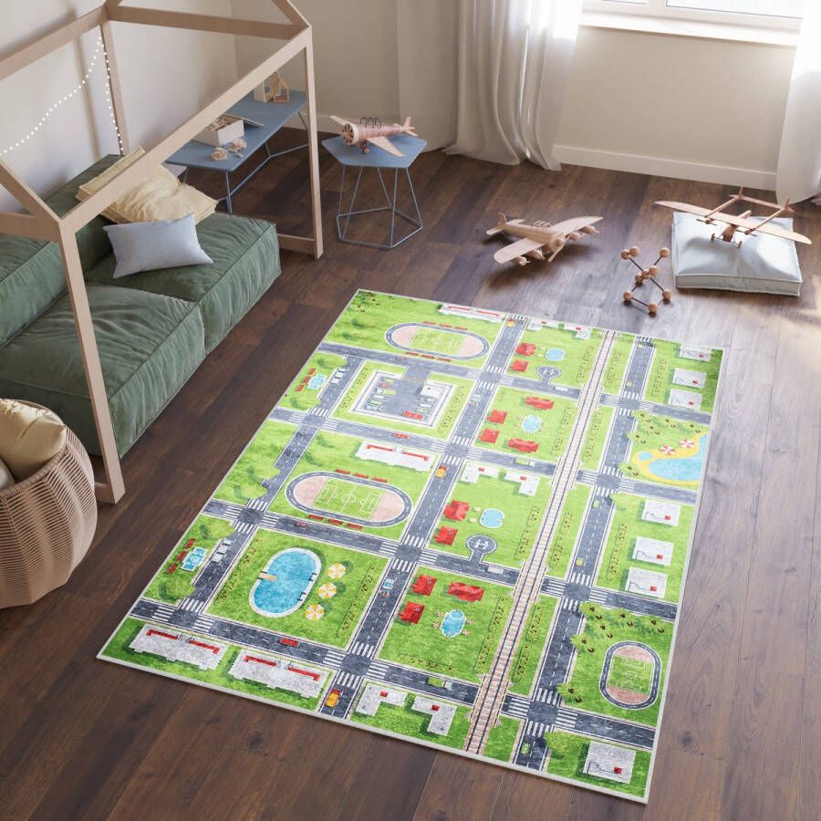 Tapiso Emma Vloerkleed Kinderkamer Jeugdkamer Groen Straat Tapijt- 140x200