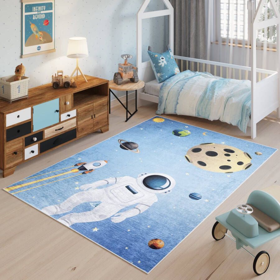 Tapiso Emma Vloerkleed Kinderkamer Jeugdtapijt Blauw Heelal Speelmat- 120x170