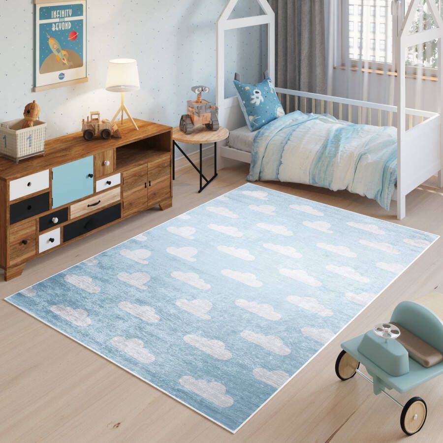 Tapiso Emma Vloerkleed Kinderkamer Kindertapijt Wolken Blauw Tapijt Maat- 80x150