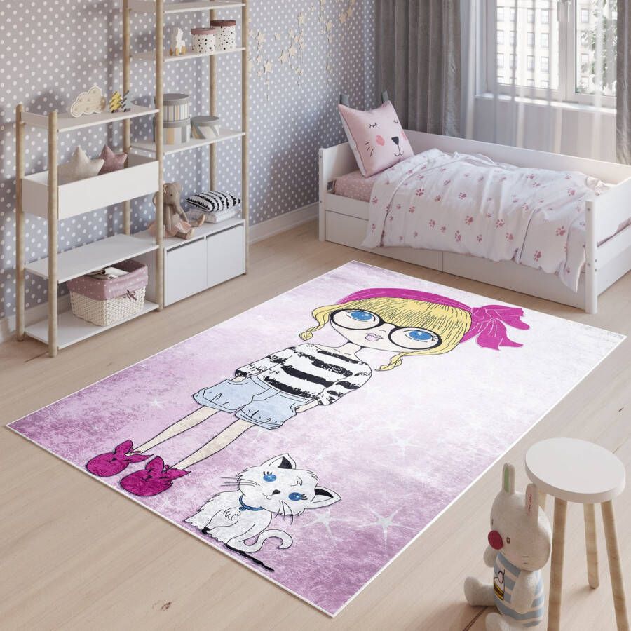 Tapiso Emma Vloerkleed Kindertapijt Kinderkamer Baby Kinderen Roze Tapijt Maat- 120x170