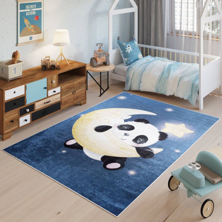 Tapiso Emma Vloerkleed Marineblauw Kinderkamer Panda Tapijt Maat- 120x170