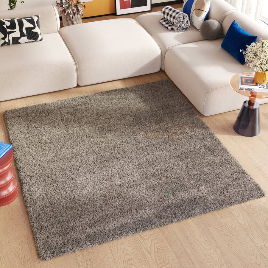 Tapiso Essence Square Vloerkleed Grijs Modern Hoogpolig Tapijt Maat- 200x200