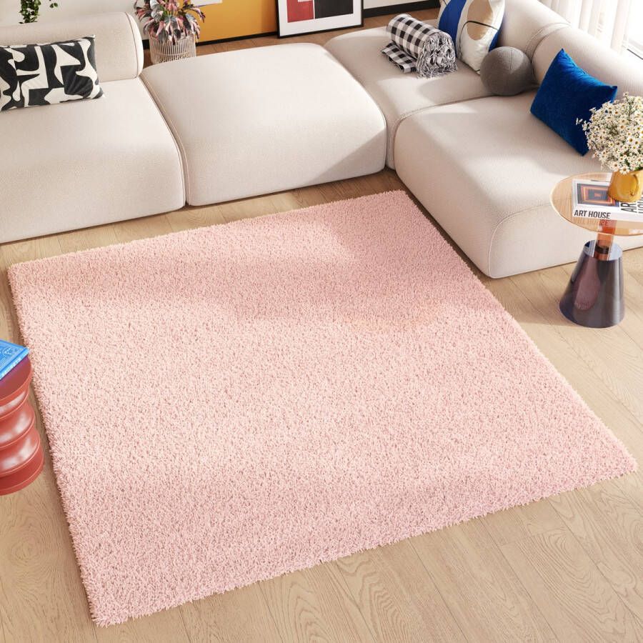 Tapiso Essence Square Vloerkleed Roze Modern Hoogpolig Tapijt Maat- 200x200