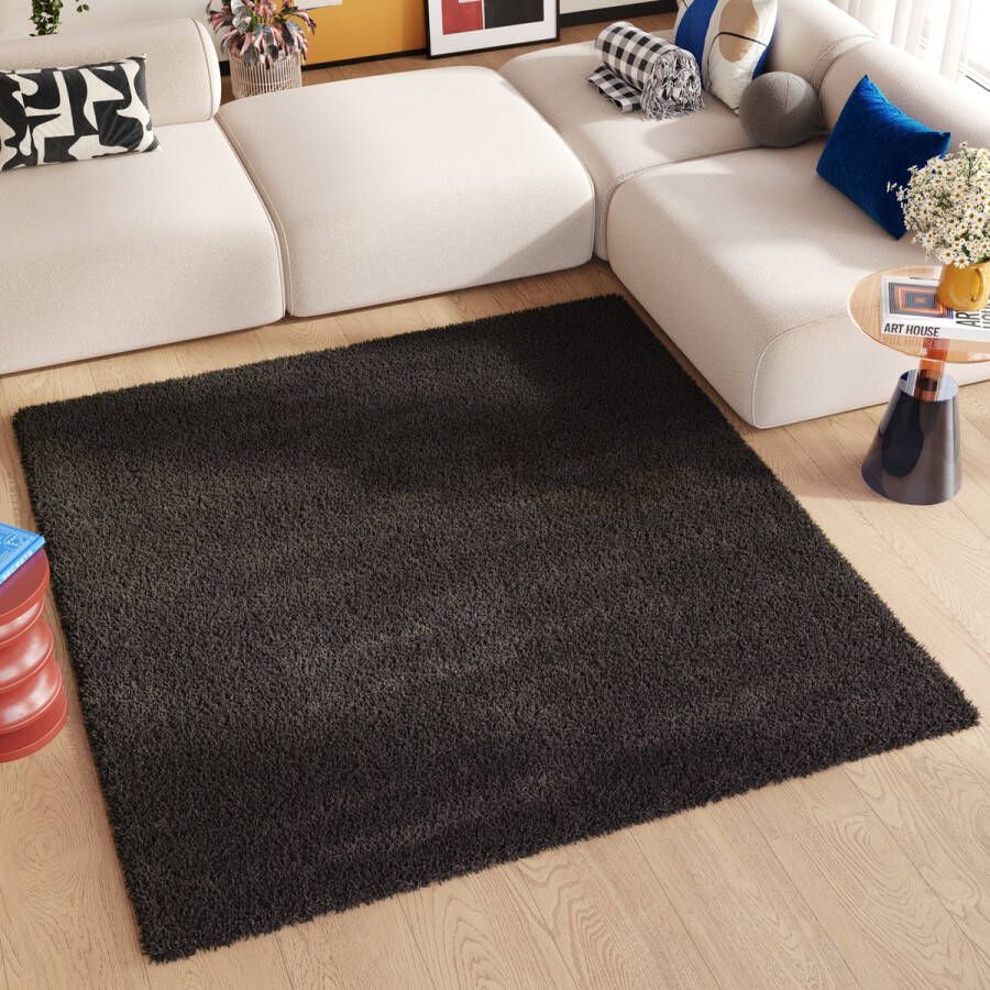 Tapiso Essence Square Vloerkleed Zwart Antraciet Modern Hoogpolig Tapijt Maat- 120x120