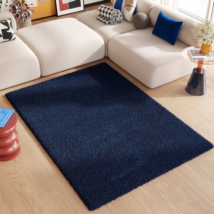 Tapiso Essence Vloerkleed Blauw Hoogpolig Shaggy Tapijt Maat- 140x200