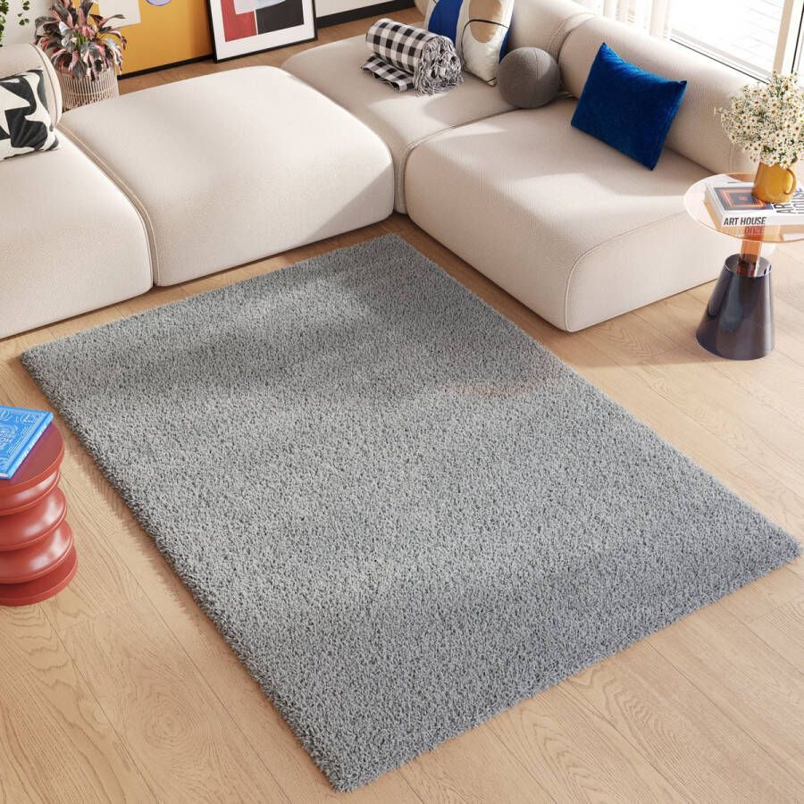 Tapiso Essence Vloerkleed Hoogpolig Shaggy Grijs Tapijt Maat- 140x200