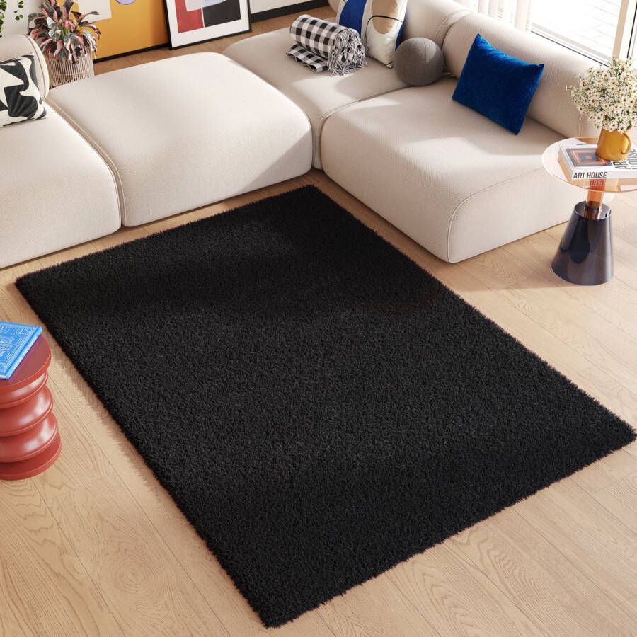 Tapiso Essence Vloerkleed Zwart Hoogpolig Shaggy Tapijt Maat- 80x150