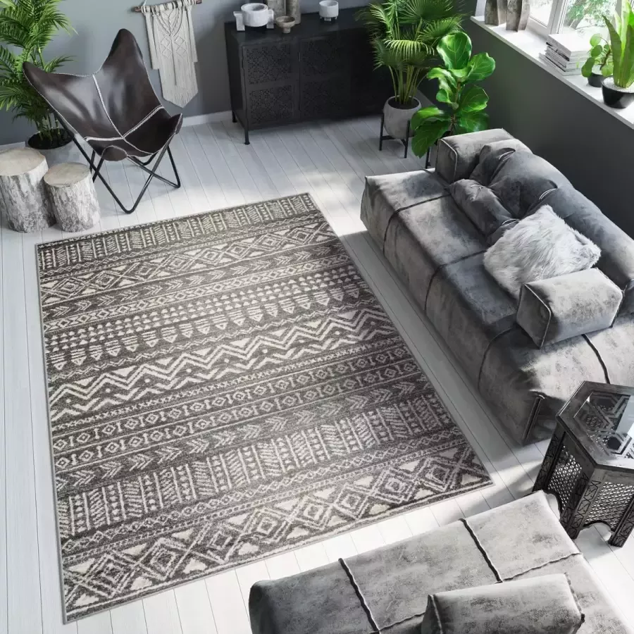 Tapiso Ethno Vloerkleed Woonkamer Slaapkamer Antraciet Abstract Sfeervol Design Trendy Praktisch Modern Duurzaam Hoogwaardig Tapijt Maat 160x220