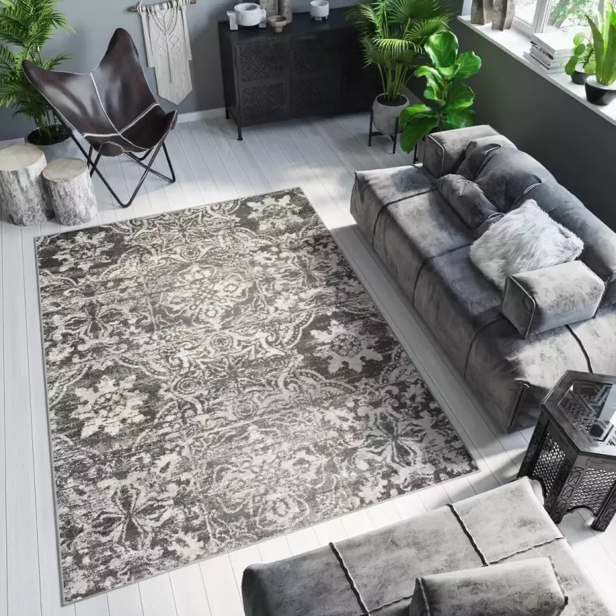 Tapiso Ethno Vloerkleed Woonkamer Slaapkamer Antraciet Beige Mozaiek Abstract Sfeervol Design Trendy Praktisch Duurzaam Hoogwaardig Tapijt Maat 160x220