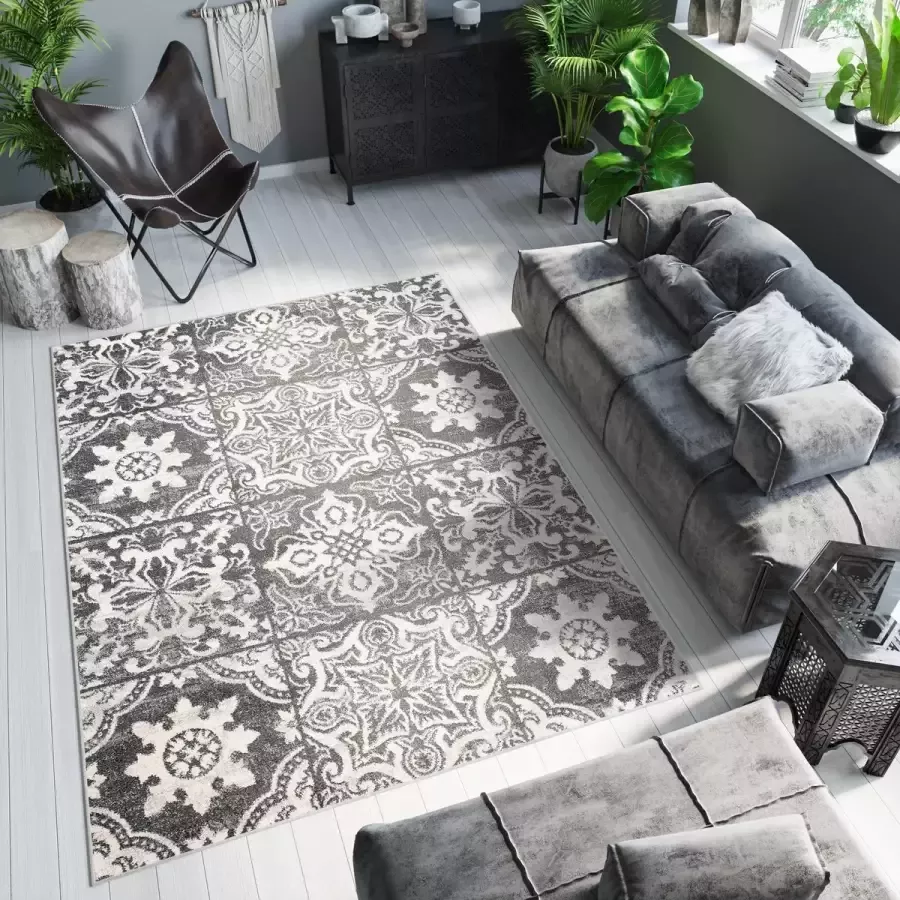 Tapiso Ethno Vloerkleed Woonkamer Slaapkamer Antraciet Creme Mozaiek Abstract Sfeervol Design Trendy Praktisch Duurzaam Hoogwaardig Tapijt Maat 160x220