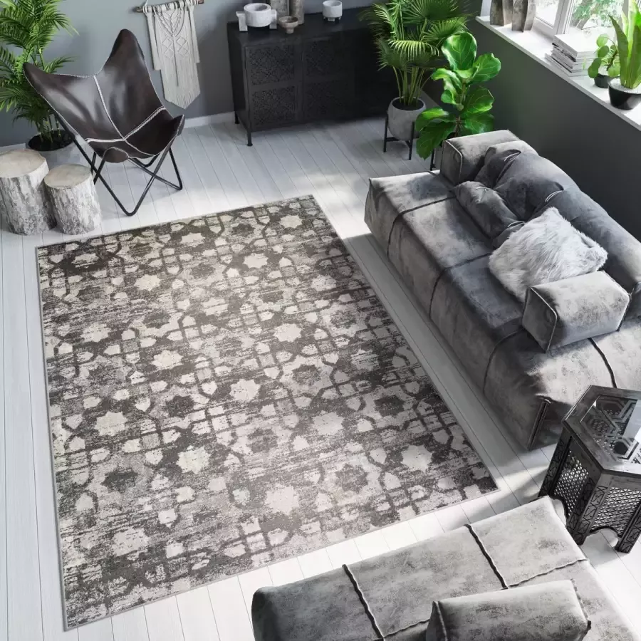 Tapiso Ethno Vloerkleed Woonkamer Slaapkamer Antraciet Lichtbeige Bloem Abstract Design Trendy Woonsfeer Sfeervol Duurzaam Hoogwaardig Tapijt Maat 160x220