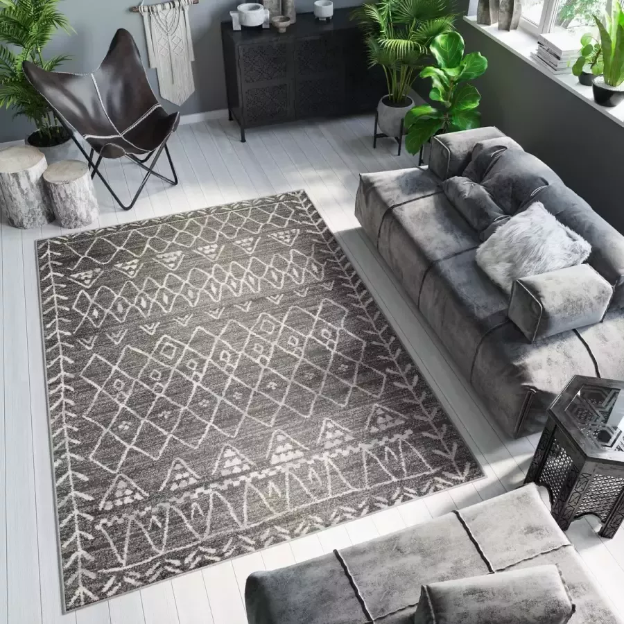 Tapiso Ethno Vloerkleed Woonkamer Slaapkamer Antraciet Lijnen Pijlen Sfeervol Design Trendy Praktisch Modern Duurzaam Hoogwaardig Tapijt Maat 160x220