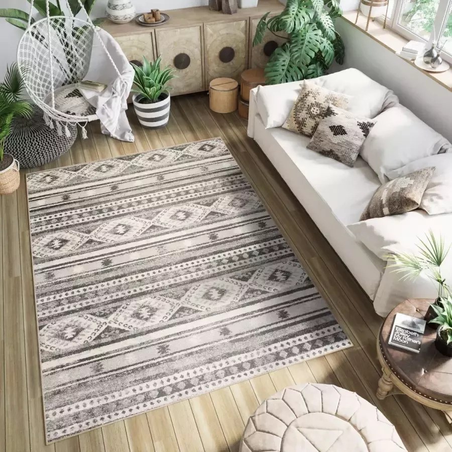 Tapiso Ethno Vloerkleed Woonkamer Slaapkamer Antraciet Vintage Abstract Driehoek Lijnen Sfeervol Design Woonsfeer Duurzaam Hoogwaardig Tapijt Maat 140x200