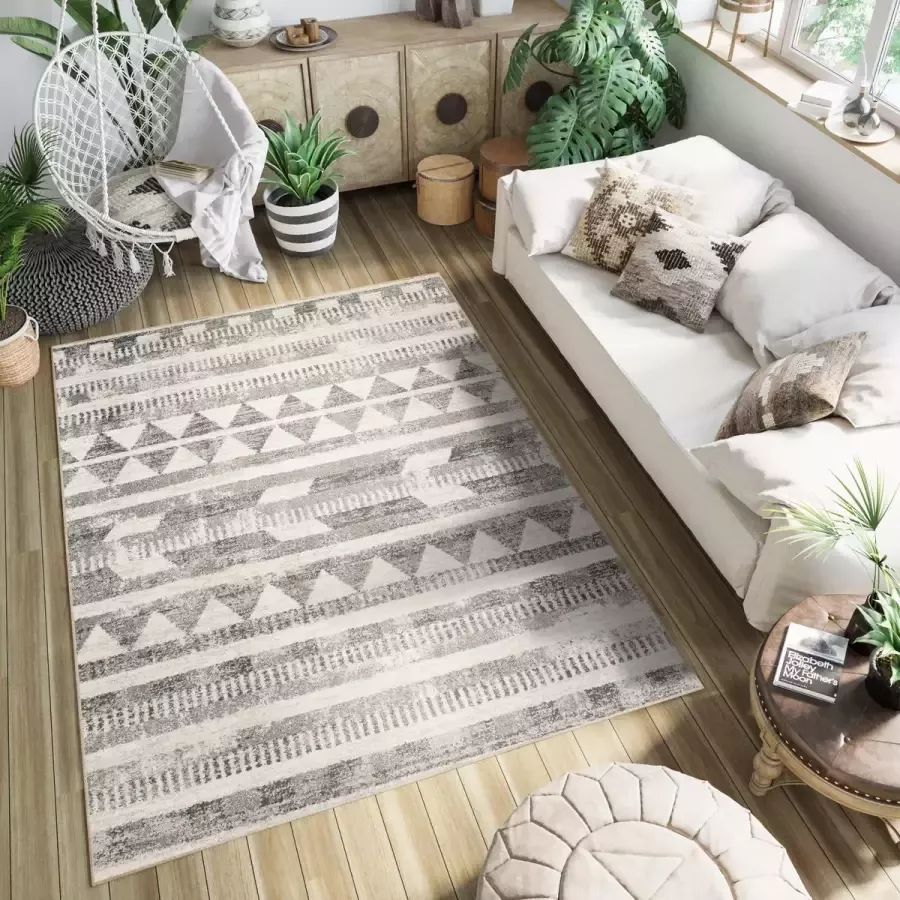 Tapiso Ethno Vloerkleed Woonkamer Slaapkamer Boho Creme Driehoek Abstract Sfeervol Design Trendy Praktisch Modern Duurzaam Hoogwaardig Tapijt Maat 300x400