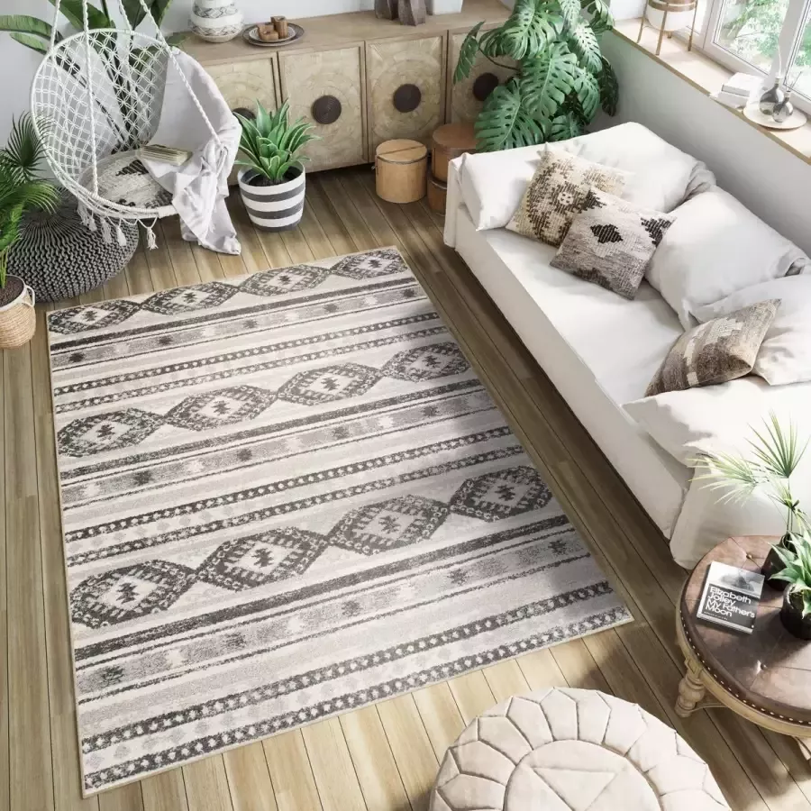 Tapiso Ethno Vloerkleed Woonkamer Slaapkamer Boho Creme Vintage Abstract Driehoek Lijnen Sfeervol Design Woonsfeer Duurzaam Hoogwaardig Tapijt Maat 80x150