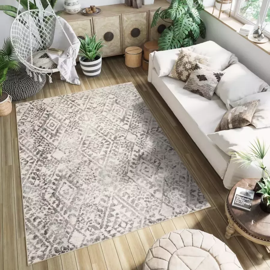 Tapiso Ethno Vloerkleed Woonkamer Slaapkamer Creme Vintage Abstract Sfeervol Design Geometrische Vormen Woonsfeer Duurzaam Hoogwaardig Tapijt Maat 160x220