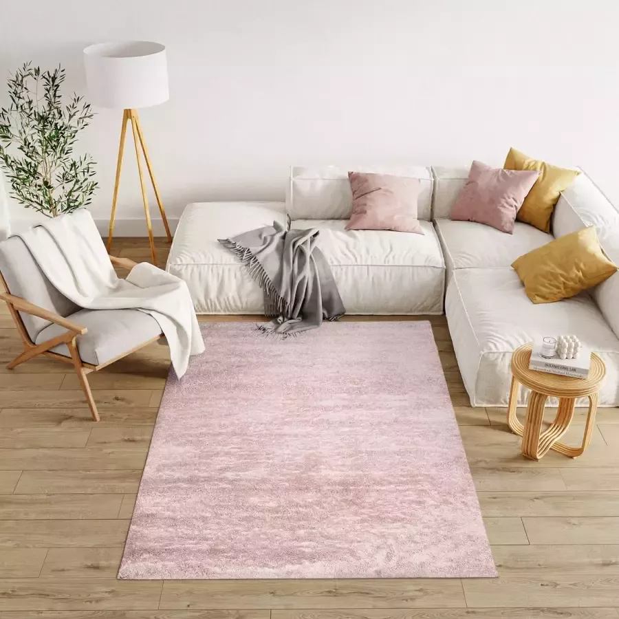 Tapiso Evra Vloerkleed Hoogpolig Tapijt Roze Modern Maat- 140x200