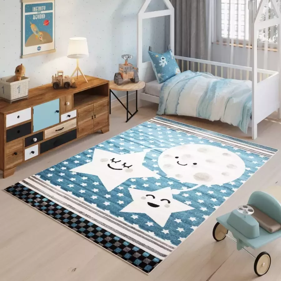 Tapiso Fiesta Vloerkleed Blauw Beige Sterren Kinderkamer Tapijt Maat- 200x300