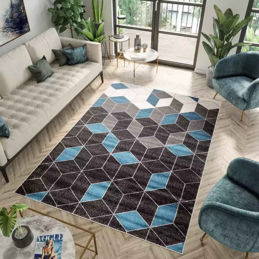 Tapiso Fiesta Vloerkleed Blauw Woonkamer 3D Tapijt Maat- 160x230